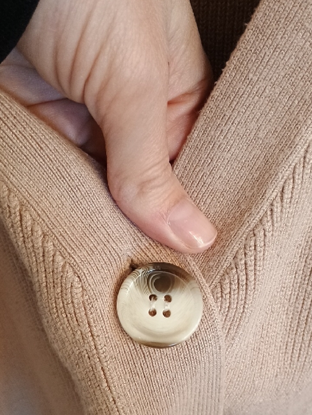 Crescent Beige V-Neck Button Ribbed Cardigan - Picture 3 of 5